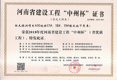 恒大綠洲項目A10地塊17#、18#、19#樓及地下車庫榮獲“2018年度河南省建設(shè)工程中州杯（省優(yōu)質(zhì)工程）”